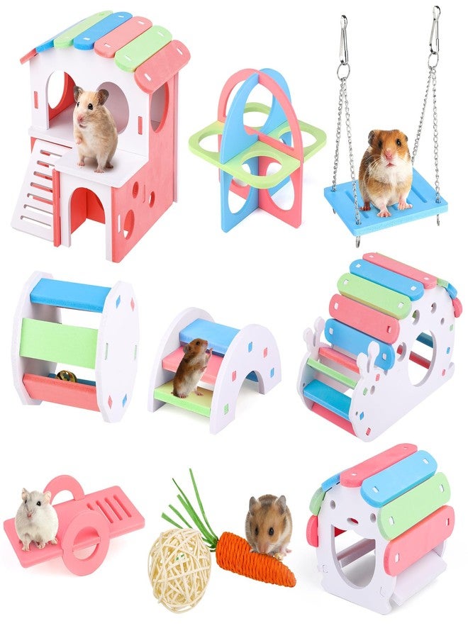 MCEAST 10 Pieces Fun Hamster Toys Set Include DIY Wooden Gerbil Hideout Hamster House Rainbow Bridge Seesaw Swing Roller Pet Exercise Chew Play Toys Guinea Pig Cage Accessories for Small Animals - Image 1